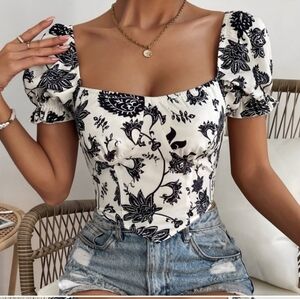 SHEIN Floral Puff Sleeve Corset Top XS/0